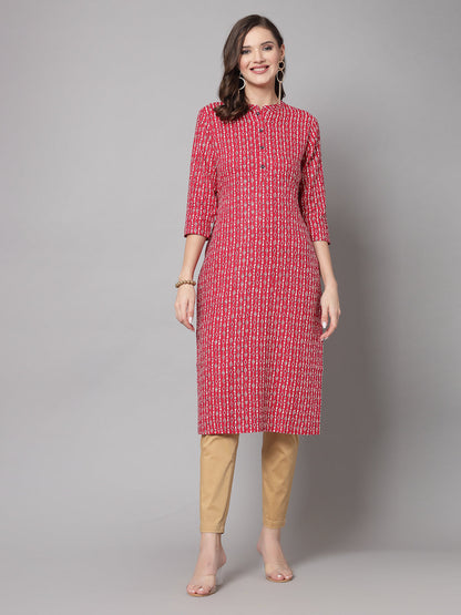 Red Self-Design Straight Kurta - Rayon Fabric, 3/4 Sleeves, Mandarin Collar And Calf Length