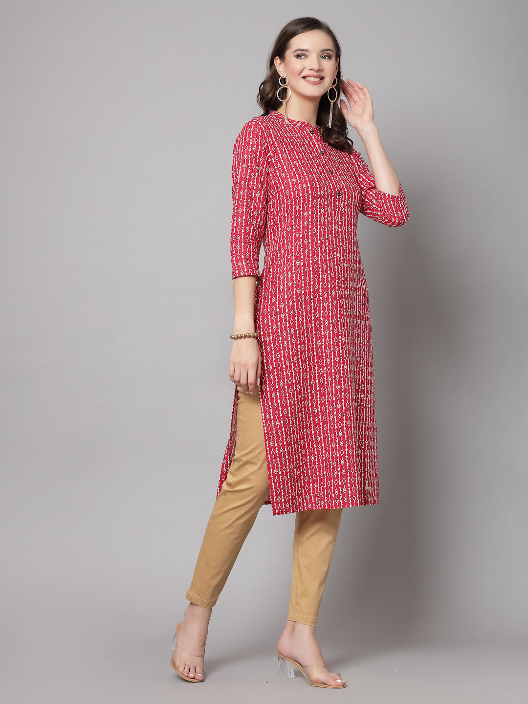 Red Self-Design Straight Kurta - Rayon Fabric, 3/4 Sleeves, Mandarin Collar And Calf Length