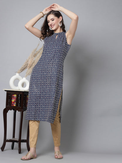 Blue Self-Design Kurta - Rayon Fabric, Sleeveless, Keyhole Neck And Calf Length