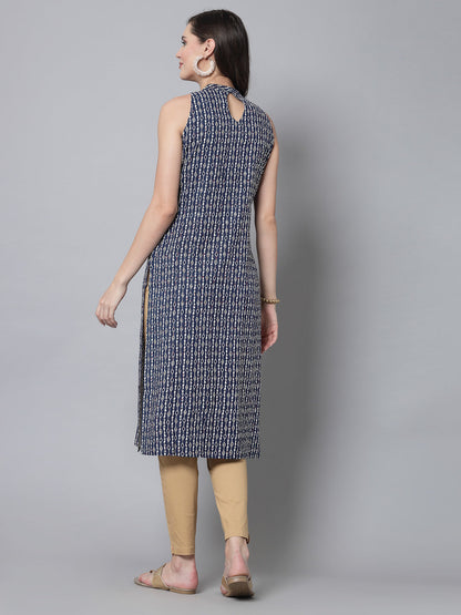 Blue Self-Design Kurta - Rayon Fabric, Sleeveless, Keyhole Neck And Calf Length