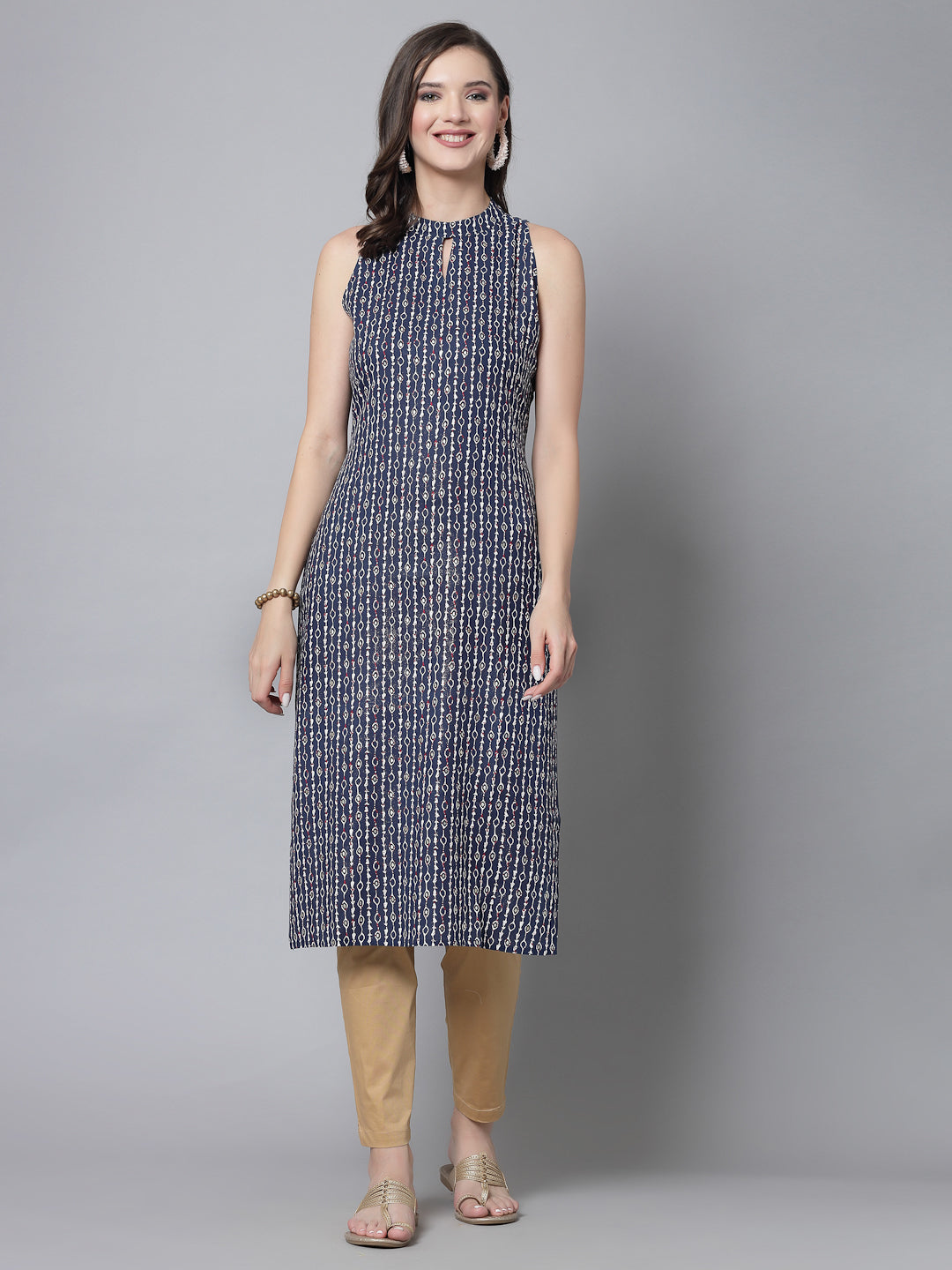 Blue Self-Design Kurta - Rayon Fabric, Sleeveless, Keyhole Neck And Calf Length