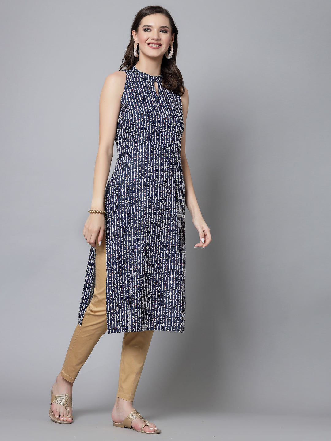 Blue Self-Design Kurta - Rayon Fabric, Sleeveless, Keyhole Neck And Calf Length