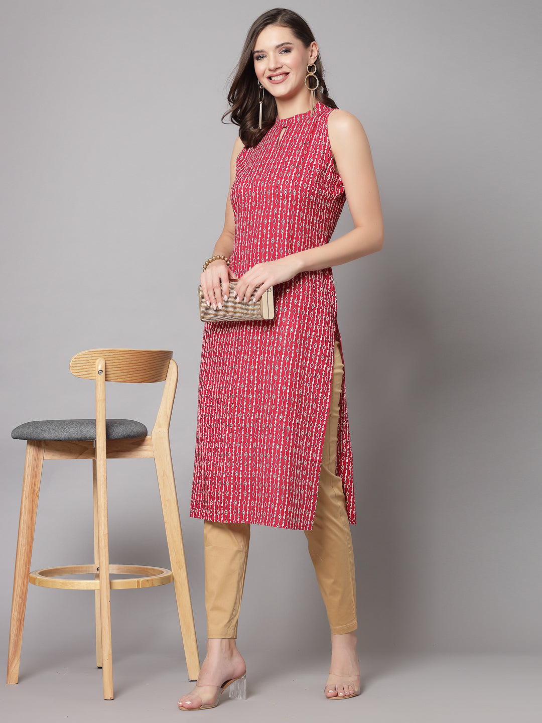 Red Self-Design Kurta - Rayon Fabric, Sleeveless, Keyhole Neck And Calf Length