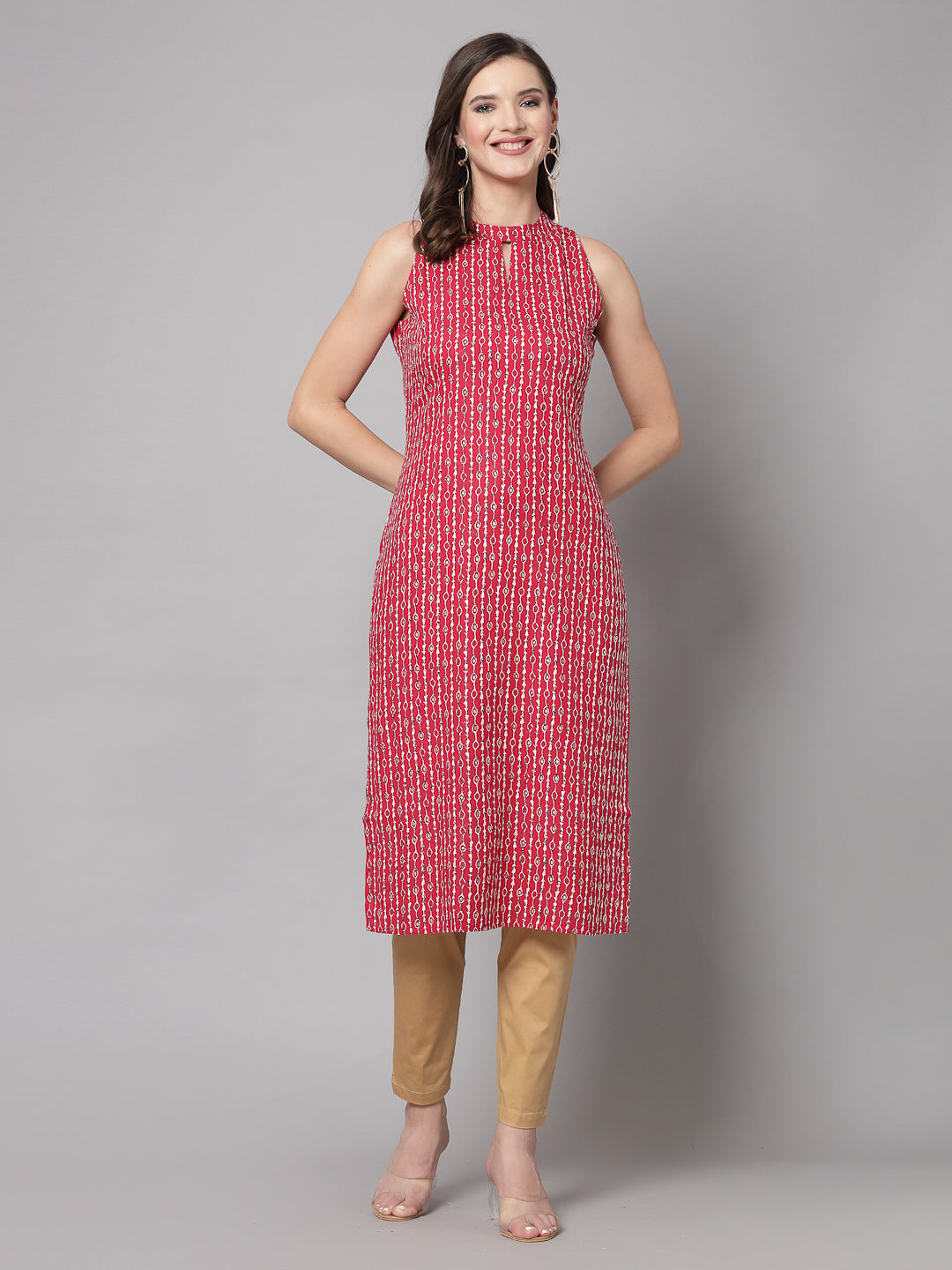 Red Self-Design Kurta - Rayon Fabric, Sleeveless, Keyhole Neck And Calf Length