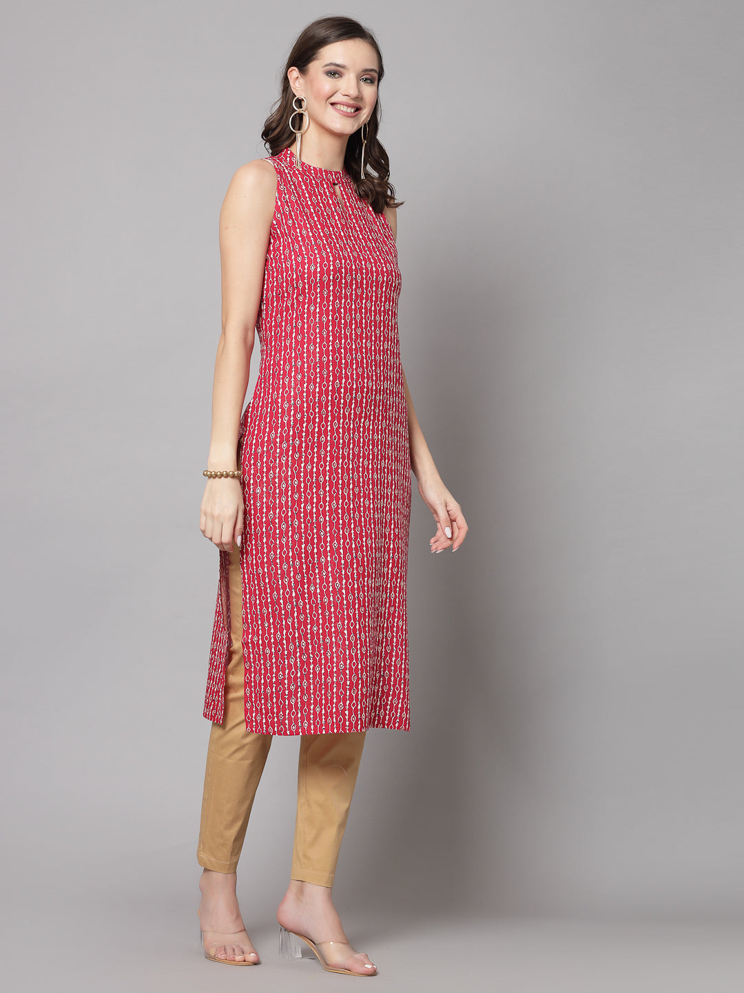 Red Self-Design Kurta - Rayon Fabric, Sleeveless, Keyhole Neck And Calf Length