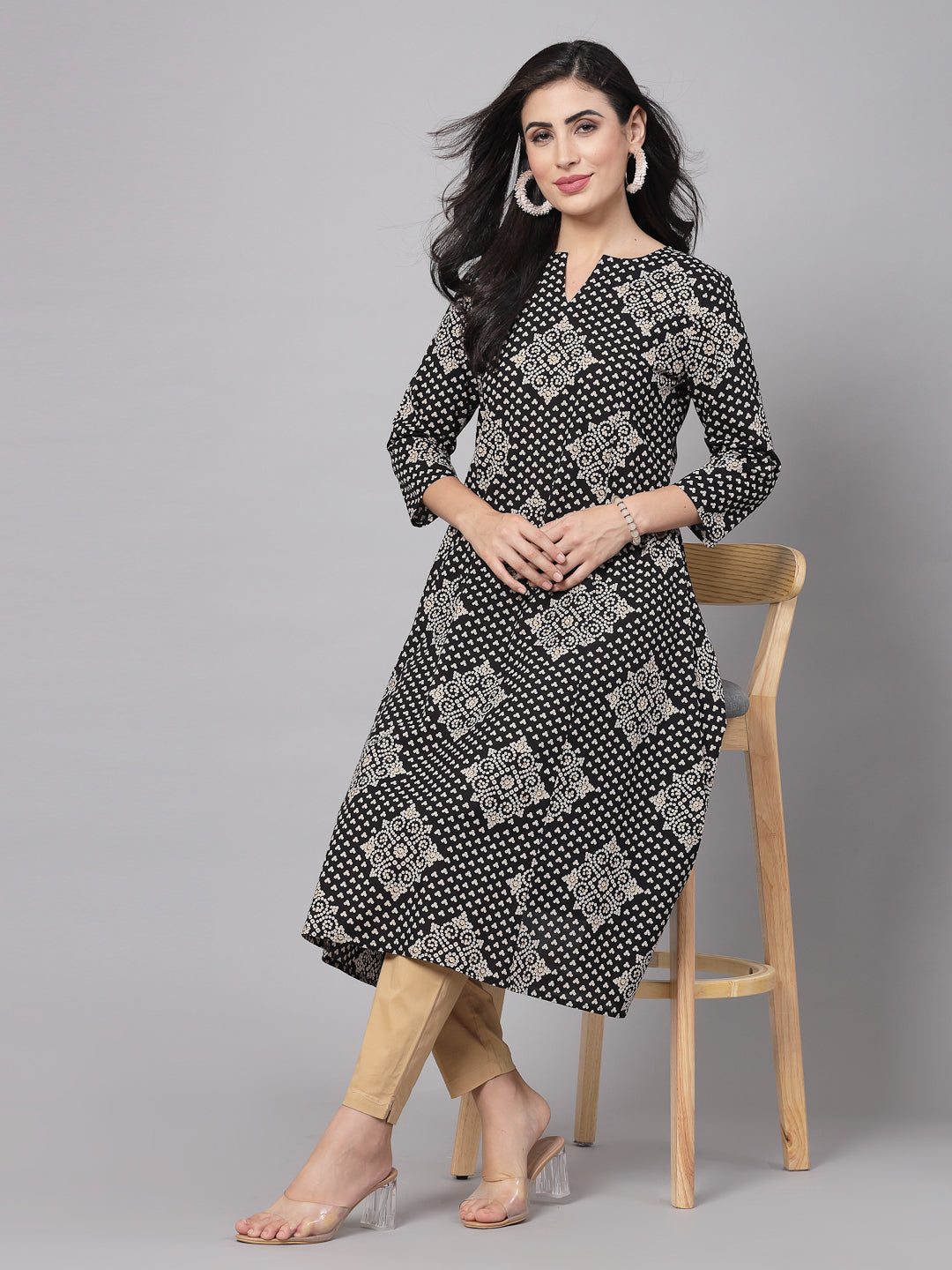 Black Floral Printed Kurta - Rayon Fabric, 3/4 Sleeves, Mandarin Collar And Calf Length