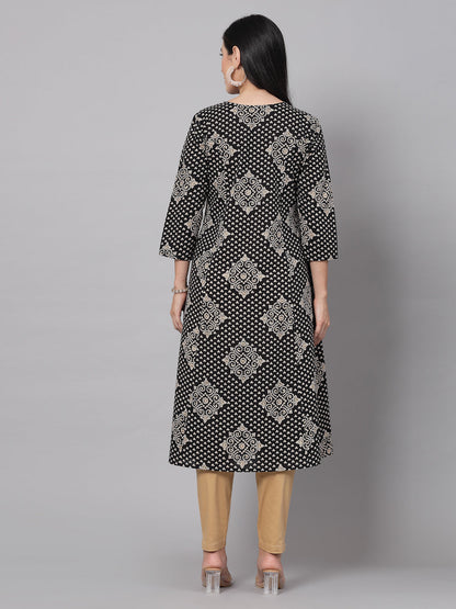 Black Floral Printed Kurta - Rayon Fabric, 3/4 Sleeves, Mandarin Collar And Calf Length