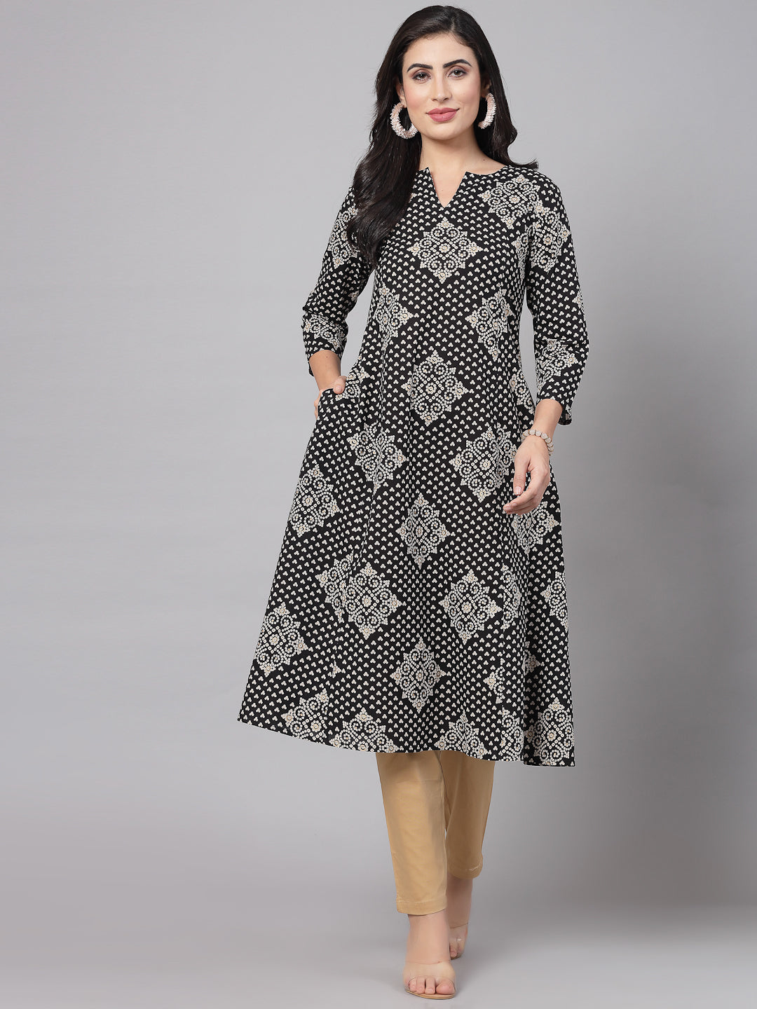 Black Floral Printed Kurta - Rayon Fabric, 3/4 Sleeves, Mandarin Collar And Calf Length