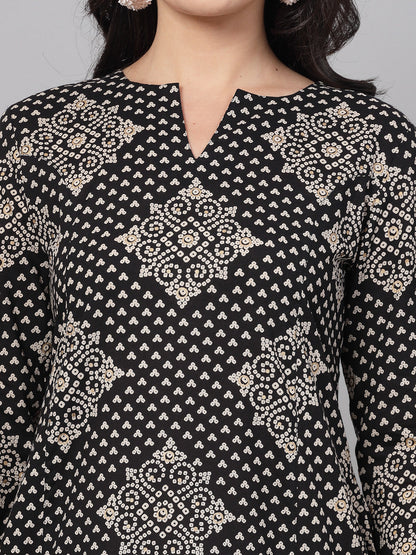 Black Floral Printed Kurta - Rayon Fabric, 3/4 Sleeves, Mandarin Collar And Calf Length