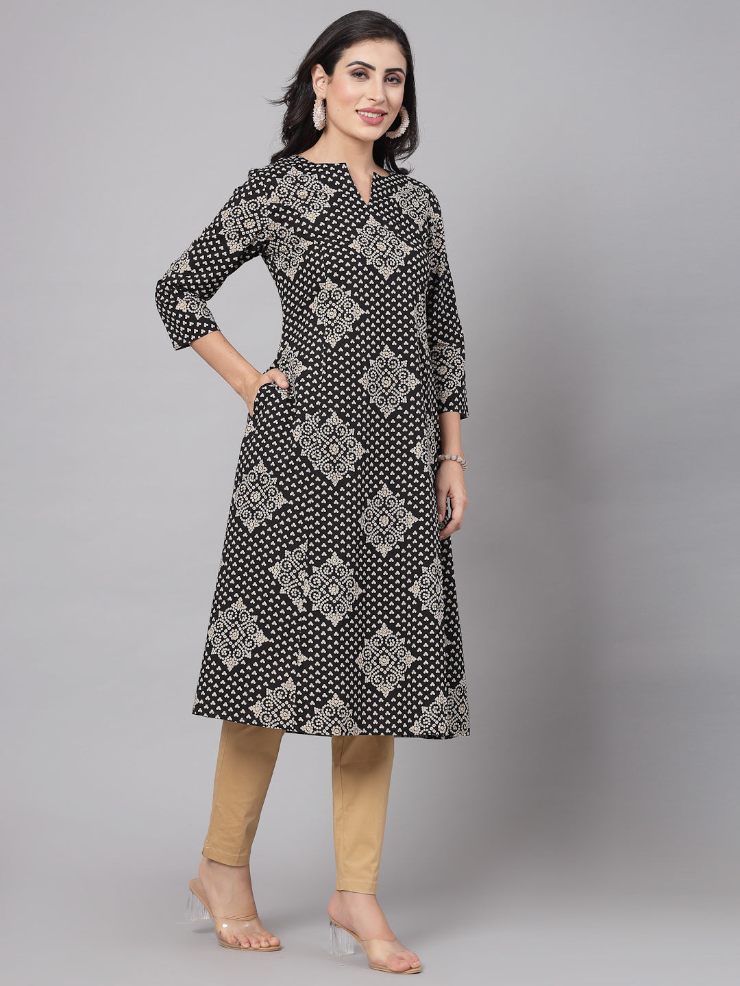 Black Floral Printed Kurta - Rayon Fabric, 3/4 Sleeves, Mandarin Collar And Calf Length