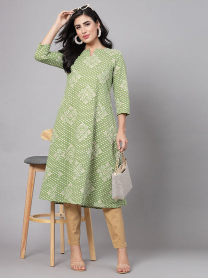 Green Floral Printed Kurta - Rayon Fabric, 3/4 Sleeves, Mandarin Collar And Calf Length