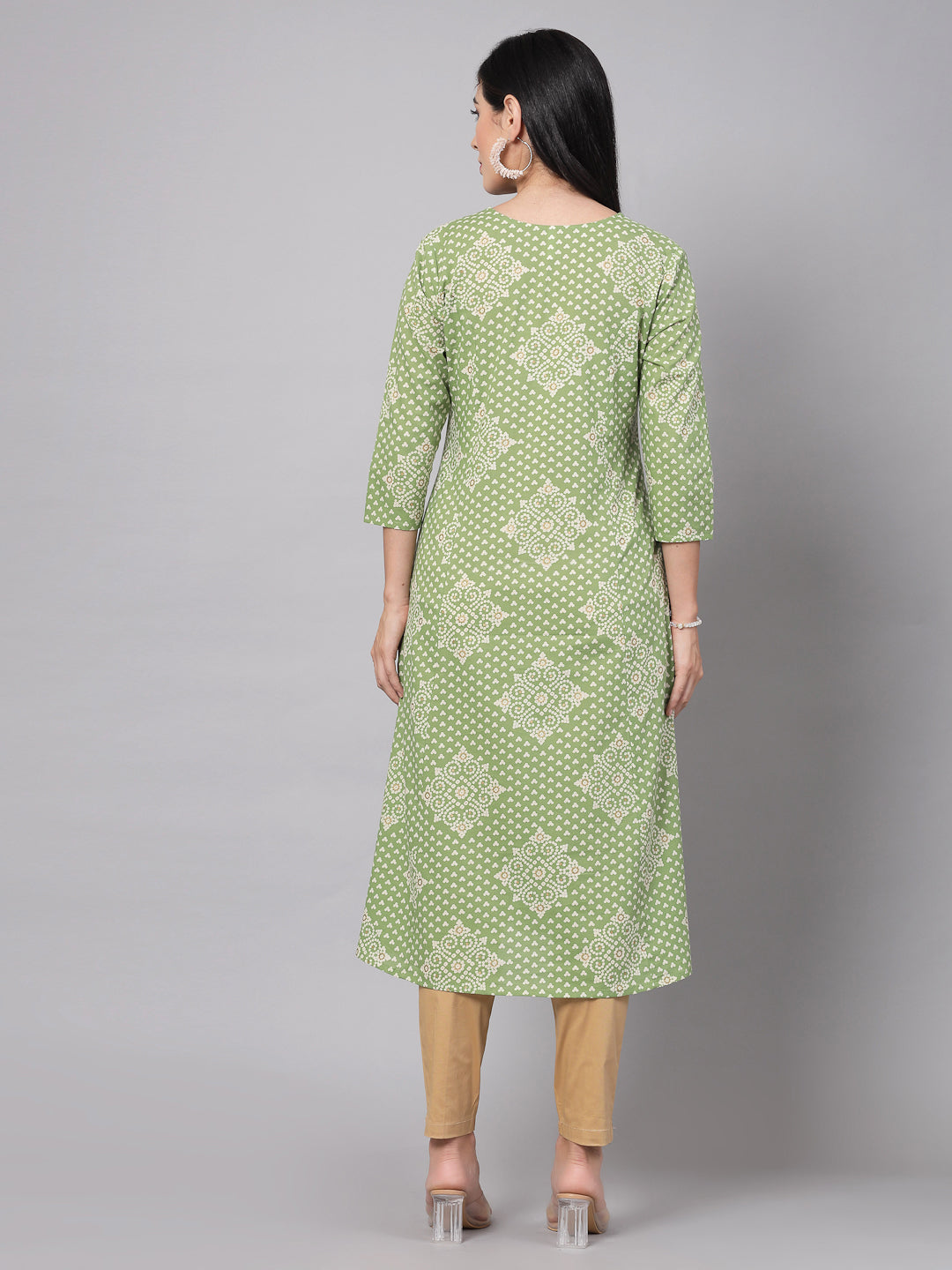 Green Floral Printed Kurta - Rayon Fabric, 3/4 Sleeves, Mandarin Collar And Calf Length