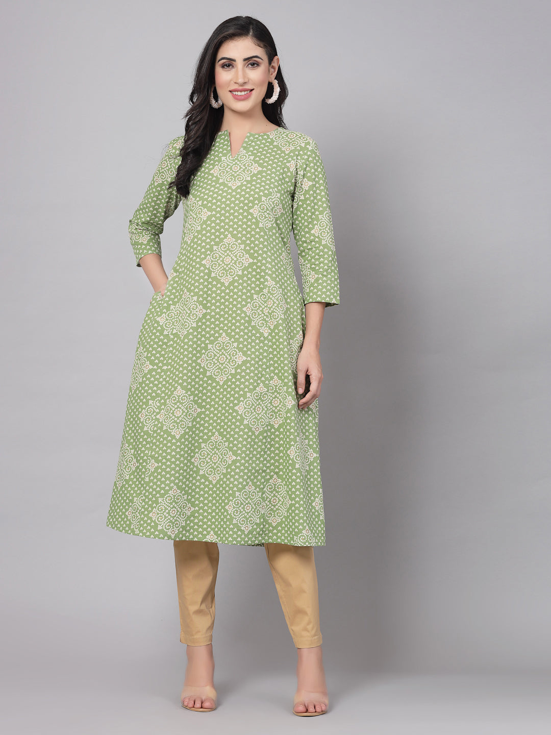 Green Floral Printed Kurta - Rayon Fabric, 3/4 Sleeves, Mandarin Collar And Calf Length