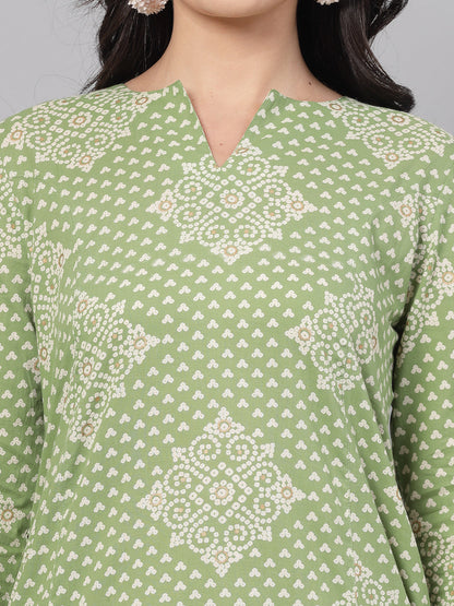 Green Floral Printed Kurta - Rayon Fabric, 3/4 Sleeves, Mandarin Collar And Calf Length