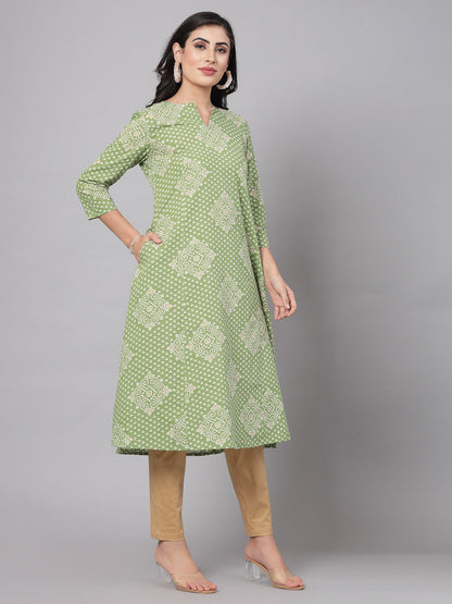 Green Floral Printed Kurta - Rayon Fabric, 3/4 Sleeves, Mandarin Collar And Calf Length