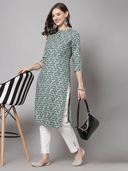 Green Floral Printed Kurta - Rayon Fabric, 3/4 Sleeves, Mandarin Collar And Calf Length