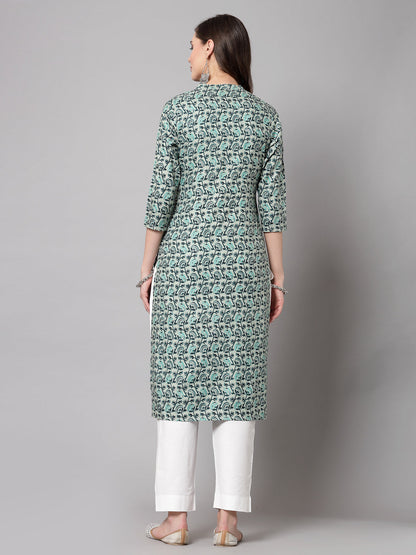 Green Floral Printed Kurta - Rayon Fabric, 3/4 Sleeves, Mandarin Collar And Calf Length