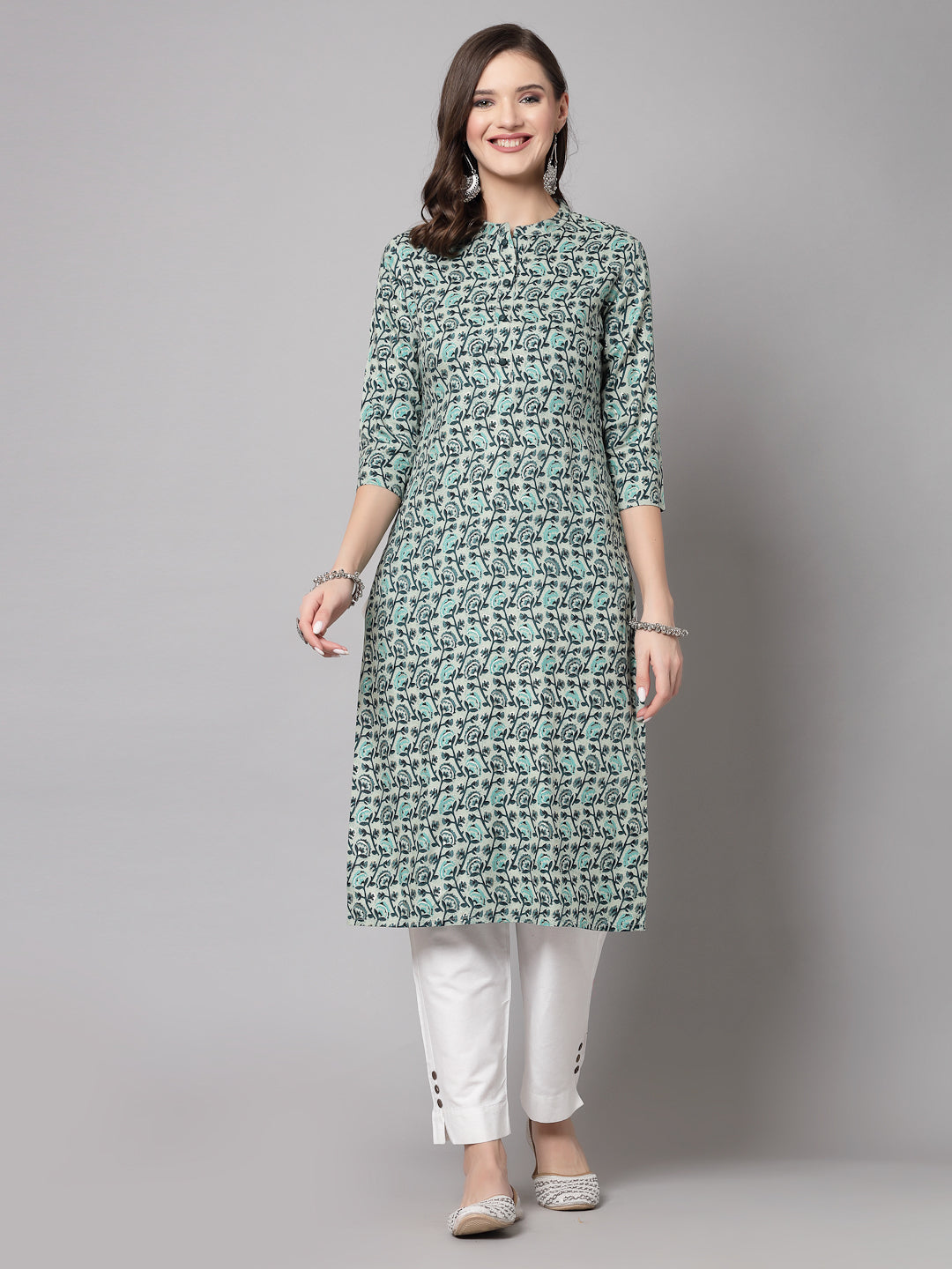 Green Floral Printed Kurta - Rayon Fabric, 3/4 Sleeves, Mandarin Collar And Calf Length