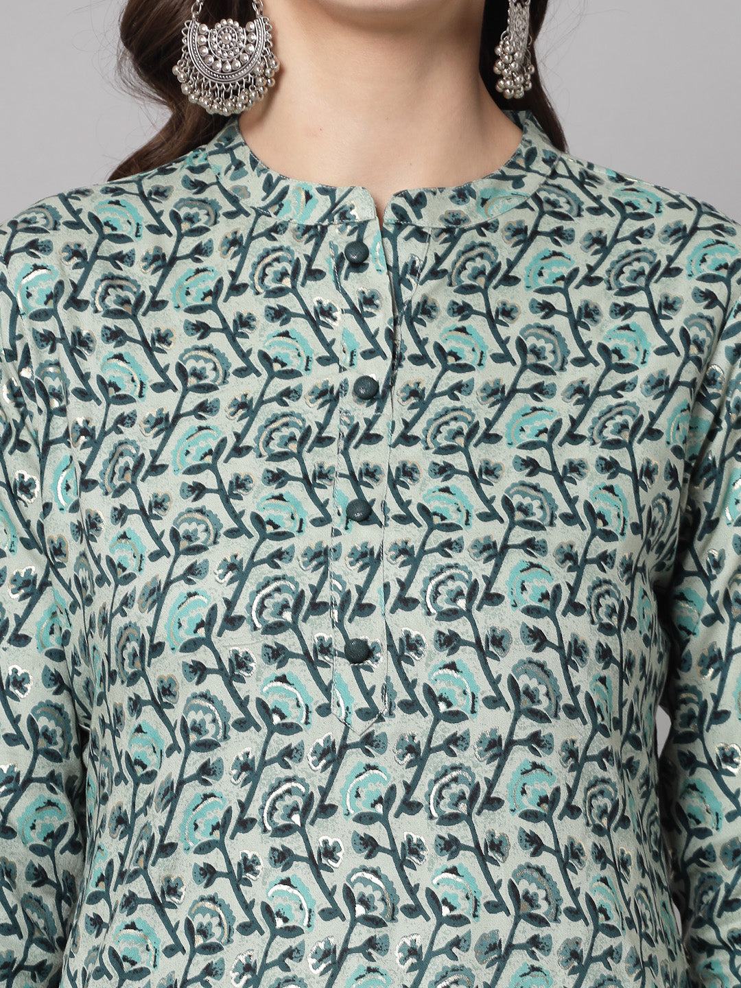 Green Floral Printed Kurta - Rayon Fabric, 3/4 Sleeves, Mandarin Collar And Calf Length