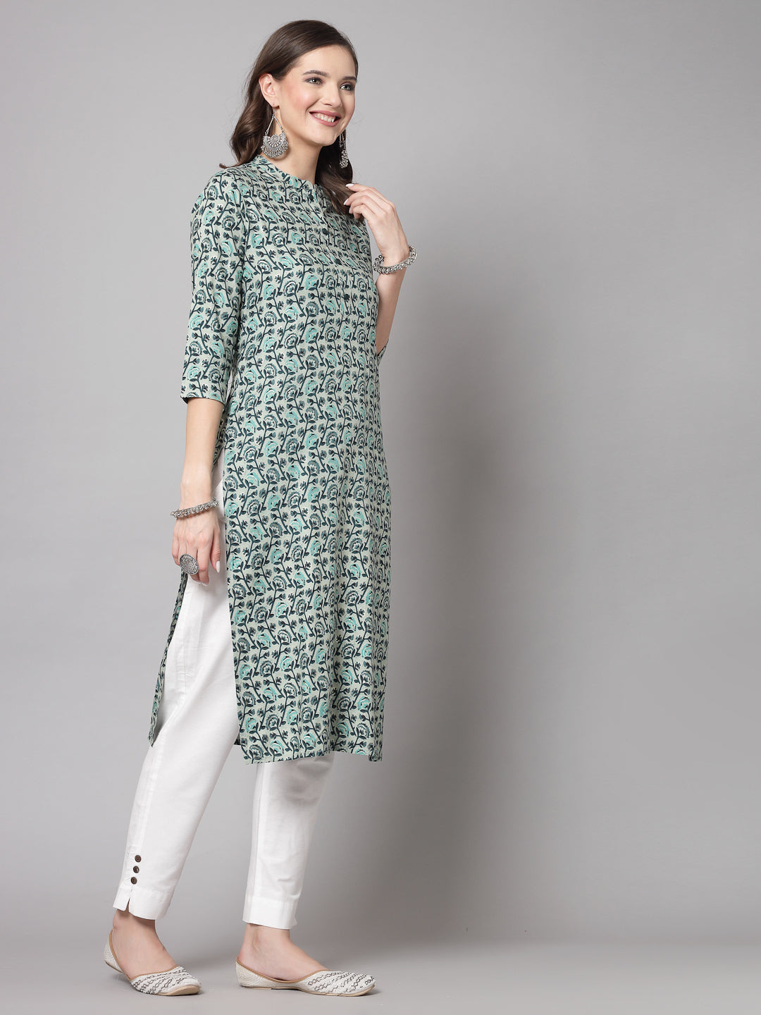 Green Floral Printed Kurta - Rayon Fabric, 3/4 Sleeves, Mandarin Collar And Calf Length