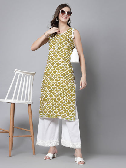 Green Leaf Print Kurta - Rayon Fabric, Sleeveless, Round Neck And Calf Length