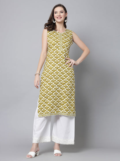 Green Leaf Print Kurta - Rayon Fabric, Sleeveless, Round Neck And Calf Length