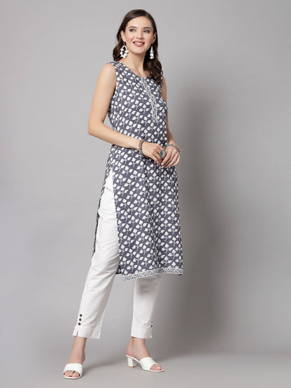 Grey Leaf Print Kurta - Rayon Fabric, Sleeveless, Round Neck And Calf Length