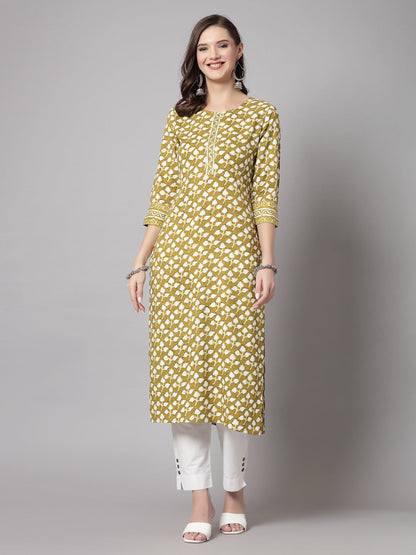 Green Leaf Print Kurta - Rayon Fabric, 3/4 Sleeves, Round Neck And Calf Length