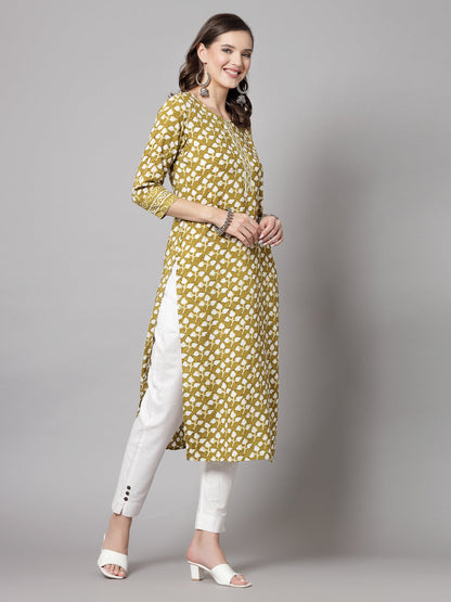 Green Leaf Print Kurta - Rayon Fabric, 3/4 Sleeves, Round Neck And Calf Length