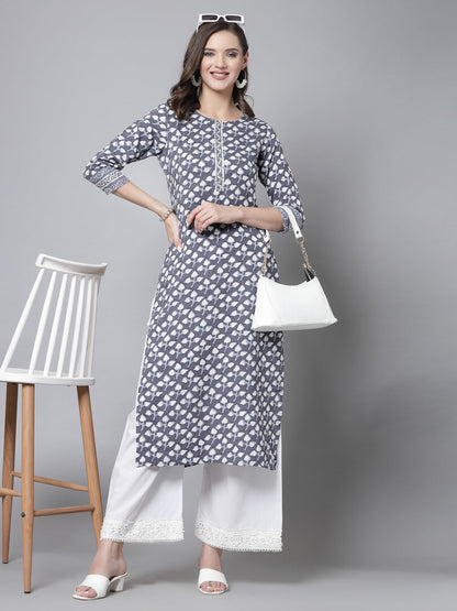 Grey Leaf Print Kurta - Rayon Fabric, 3/4 Sleeves, Round Neck And Calf Length