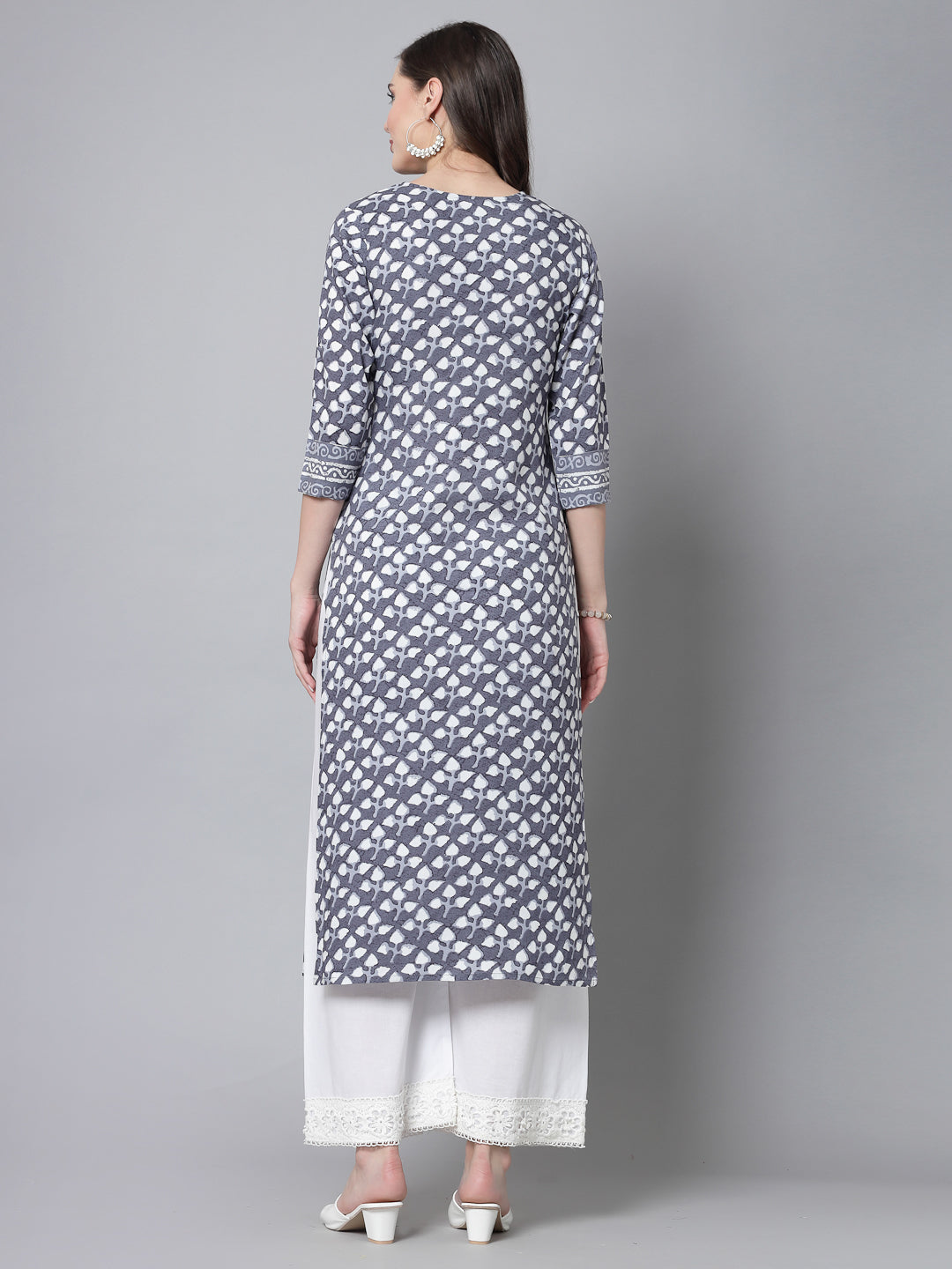 Grey Leaf Print Kurta - Rayon Fabric, 3/4 Sleeves, Round Neck And Calf Length