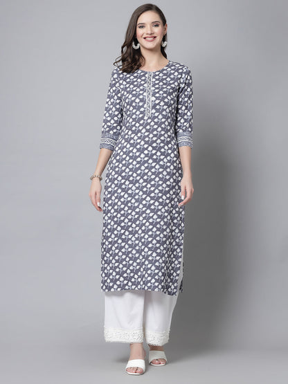 Grey Leaf Print Kurta - Rayon Fabric, 3/4 Sleeves, Round Neck And Calf Length