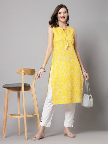 Yellow Self-Design Kurta - Rayon Fabric, Sleeveless, Round Neck And Calf Length