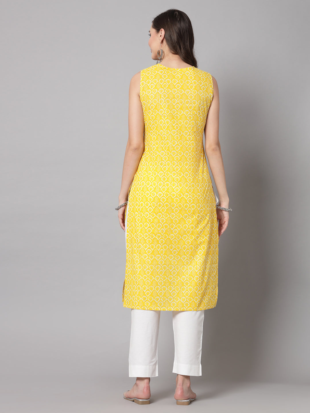 Yellow Self-Design Kurta - Rayon Fabric, Sleeveless, Round Neck And Calf Length