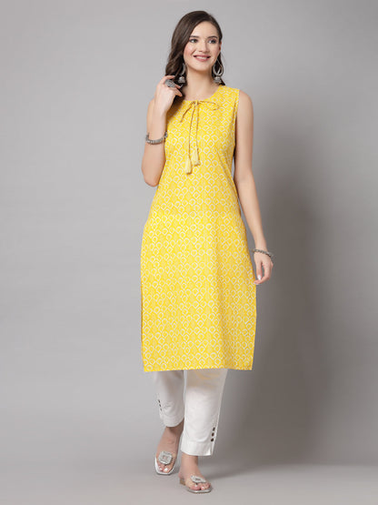 Yellow Self-Design Kurta - Rayon Fabric, Sleeveless, Round Neck And Calf Length