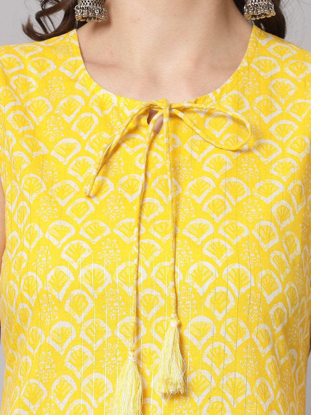 Yellow Self-Design Kurta - Rayon Fabric, Sleeveless, Round Neck And Calf Length