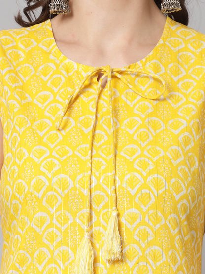 Yellow Self-Design Kurta - Rayon Fabric, Sleeveless, Round Neck And Calf Length