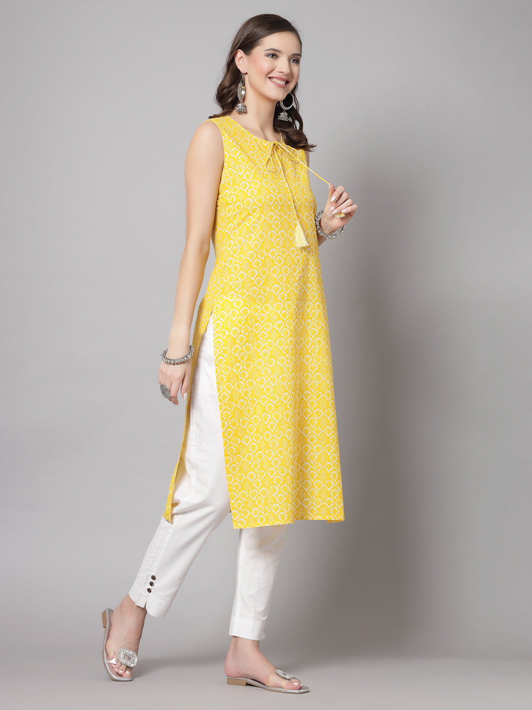 Yellow Self-Design Kurta - Rayon Fabric, Sleeveless, Round Neck And Calf Length