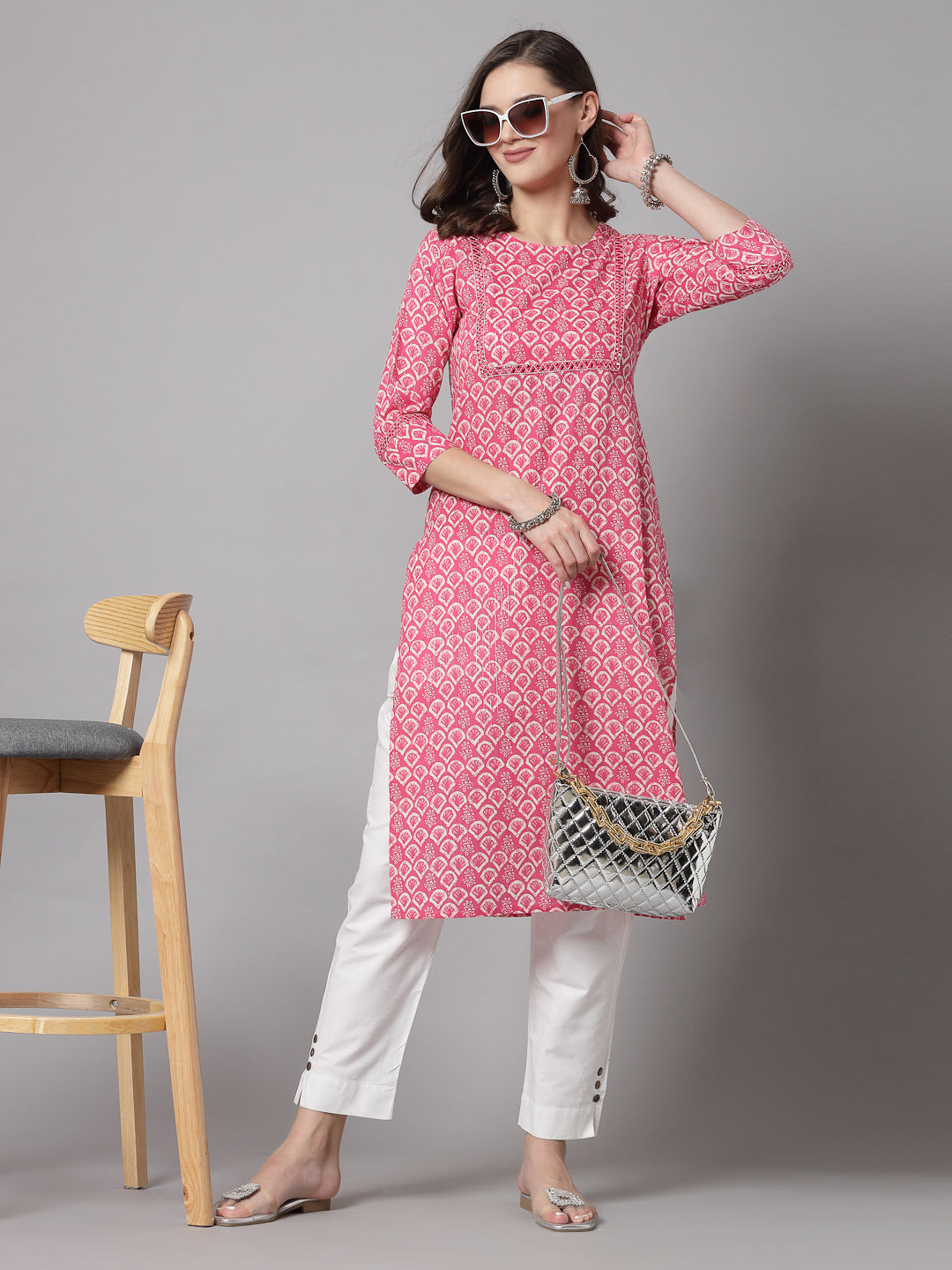 Pink Self-Design Kurta - Rayon Fabric, 3/4 Sleeves, Round Neck And Calf Length