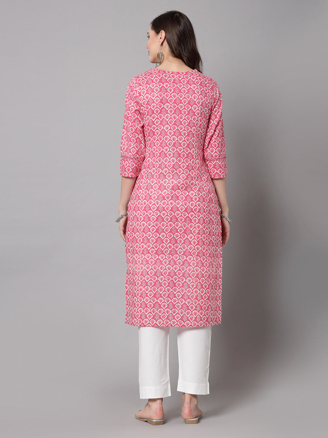 Pink Self-Design Kurta - Rayon Fabric, 3/4 Sleeves, Round Neck And Calf Length