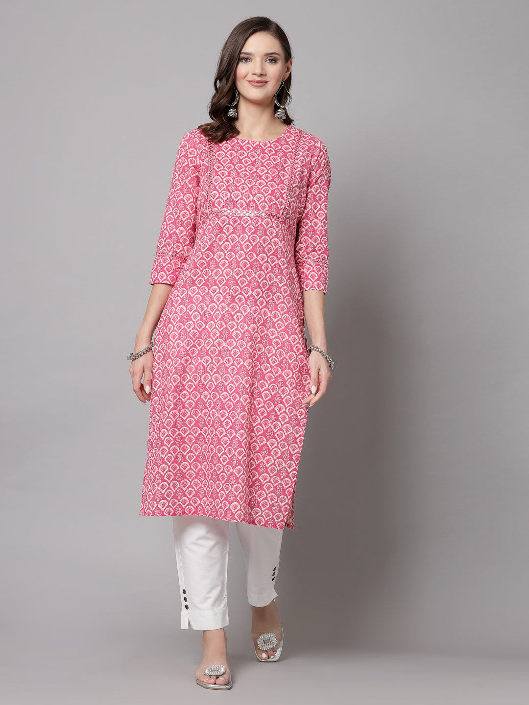 Pink Self-Design Kurta - Rayon Fabric, 3/4 Sleeves, Round Neck And Calf Length