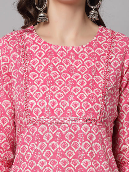 Pink Self-Design Kurta - Rayon Fabric, 3/4 Sleeves, Round Neck And Calf Length