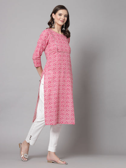 Pink Self-Design Kurta - Rayon Fabric, 3/4 Sleeves, Round Neck And Calf Length