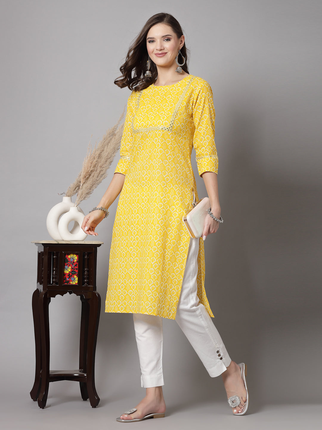 Yellow Self-Design Kurta - Rayon Fabric, 3/4 Sleeves, Round Neck And Calf Length