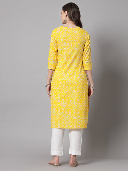 Yellow Self-Design Kurta - Rayon Fabric, 3/4 Sleeves, Round Neck And Calf Length