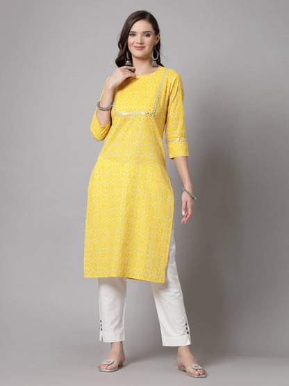 Yellow Self-Design Kurta - Rayon Fabric, 3/4 Sleeves, Round Neck And Calf Length