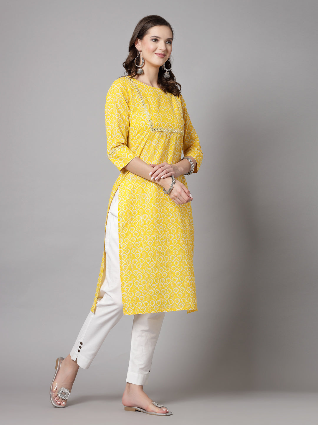 Yellow Self-Design Kurta - Rayon Fabric, 3/4 Sleeves, Round Neck And Calf Length