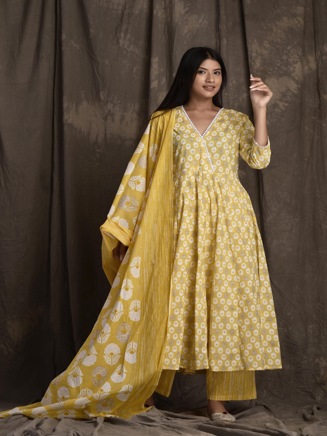 Pure Cotton V Neck 3/4 Sleeve Printed Kurta Set With Dupatta