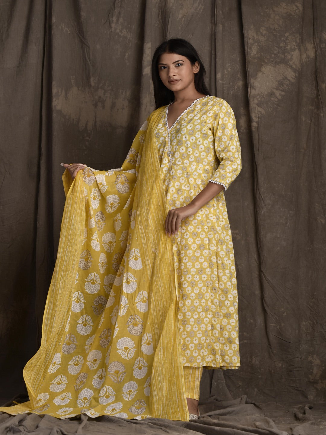 Pure Cotton V Neck 3/4 Sleeve Printed Kurta Set With Dupatta