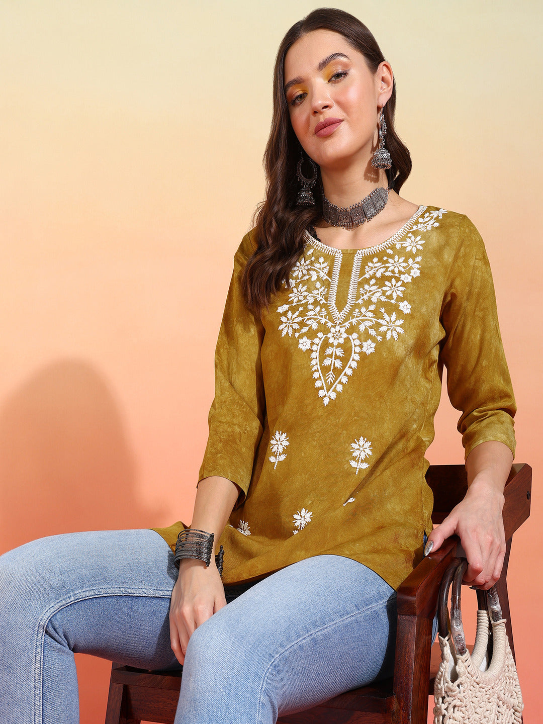 Straight Embroidered Viscose Rayon Tunic